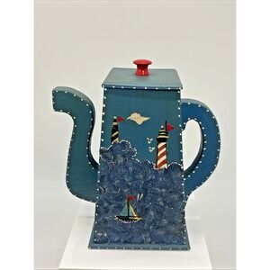 Vtg Wooden Tea Pot‎ Hand Painted Lighthouse Storage Box Nautical Kitschy Cottage